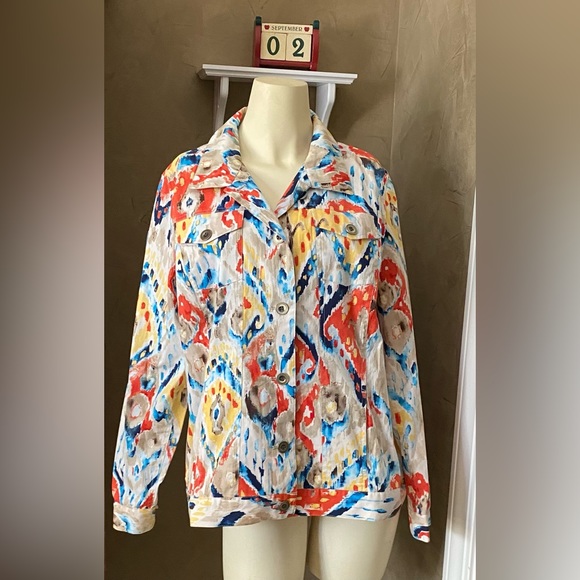Chicos Womens Artsy cotton spandex multicolor jacket sz 2 ( M) Metal Button Up - Picture 2 of 15